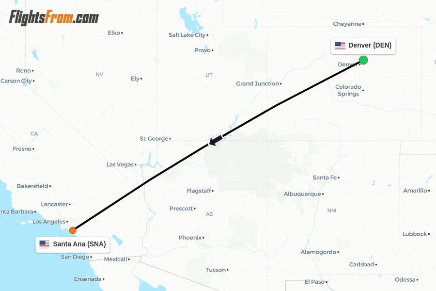 Flights from Denver to Santa Ana route map