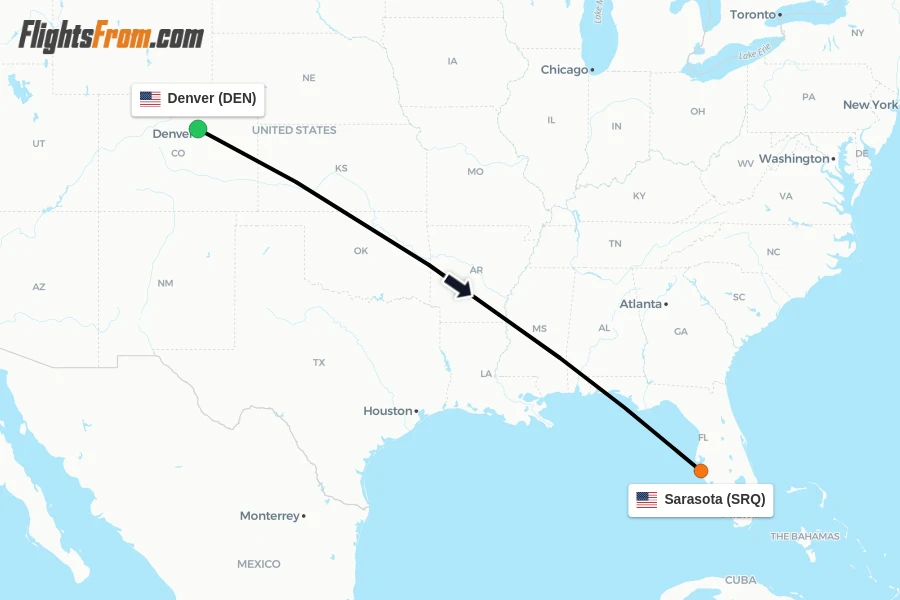 Flights from Denver to Sarasota route map