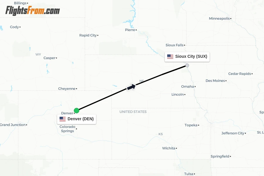 Flights from Denver to Sioux City route map