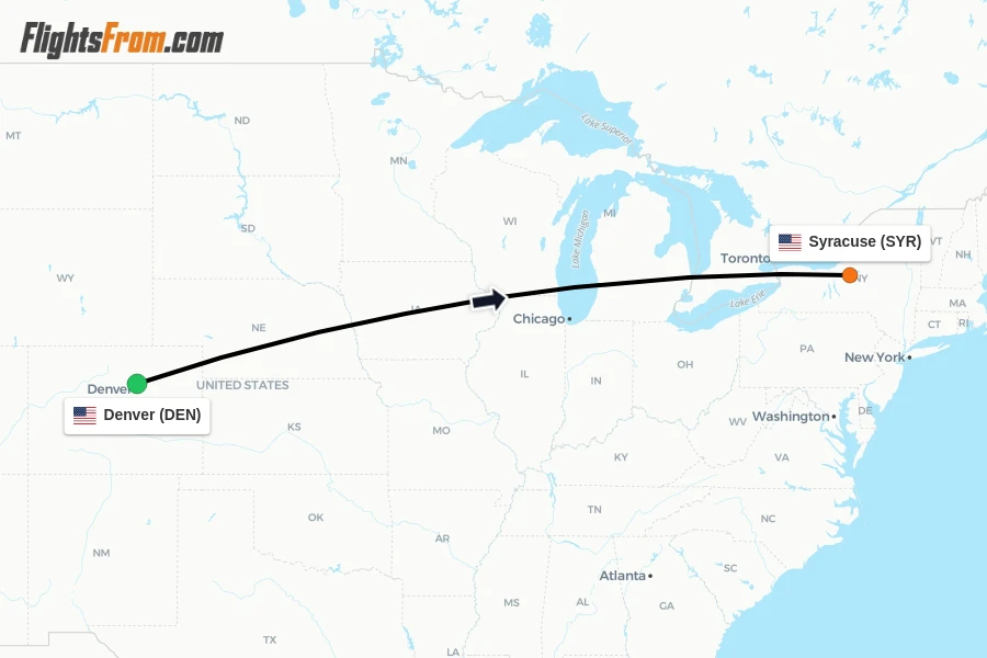Flights from Denver to Syracuse route map