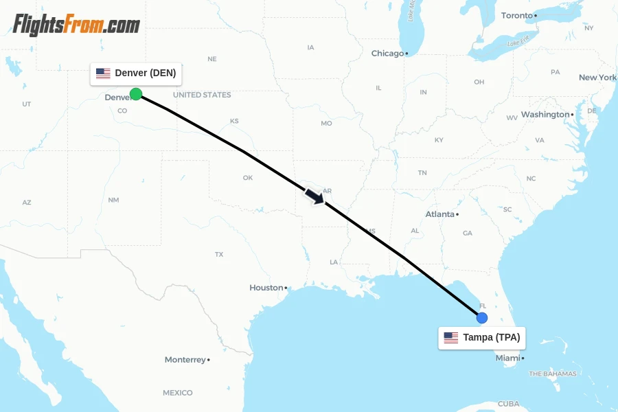Flights from Denver to Tampa route map