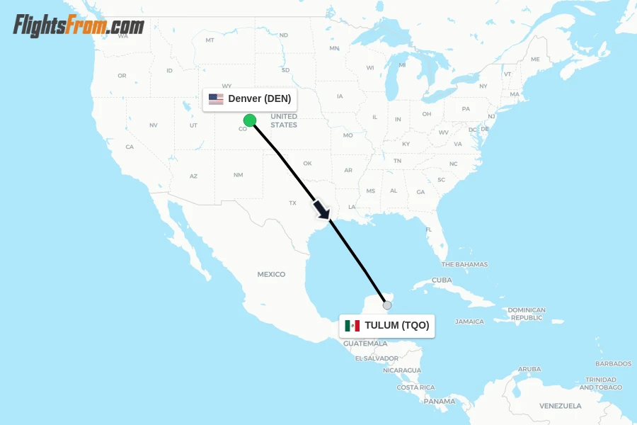 Flights from Denver to TULUM route map