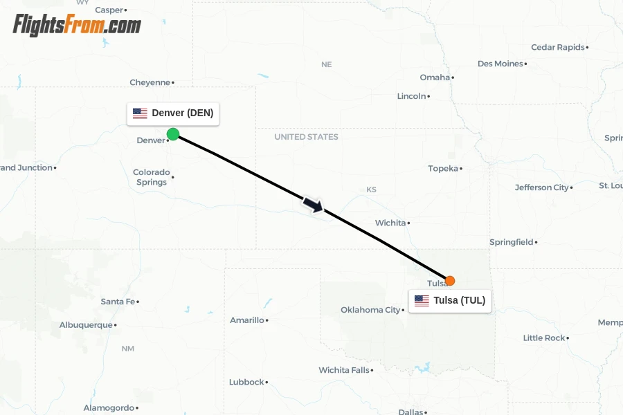 Flights from Denver to Tulsa route map