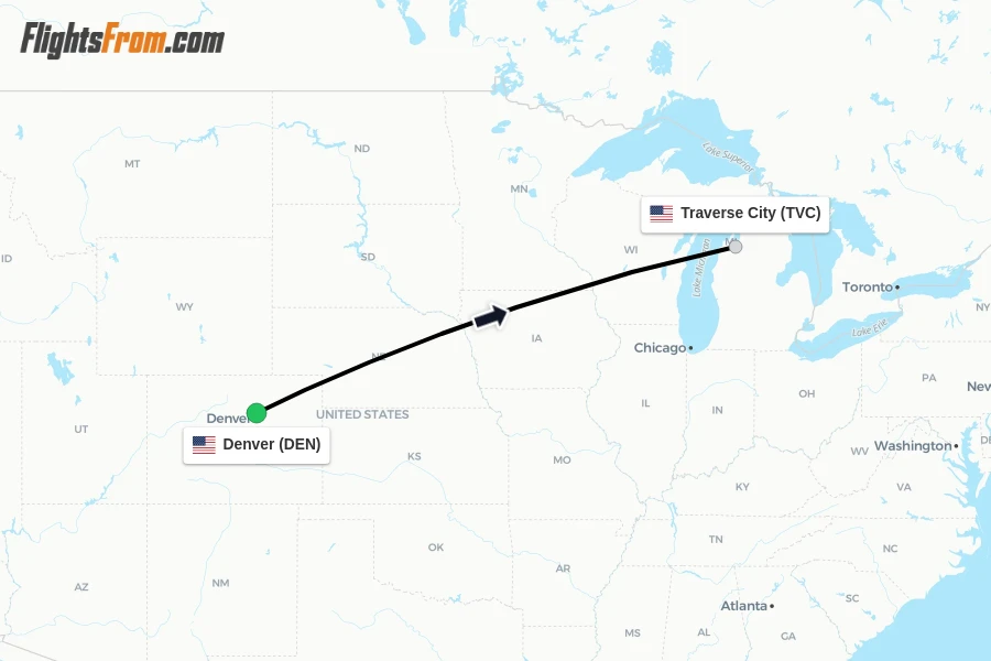 Flights from Denver to Traverse City route map