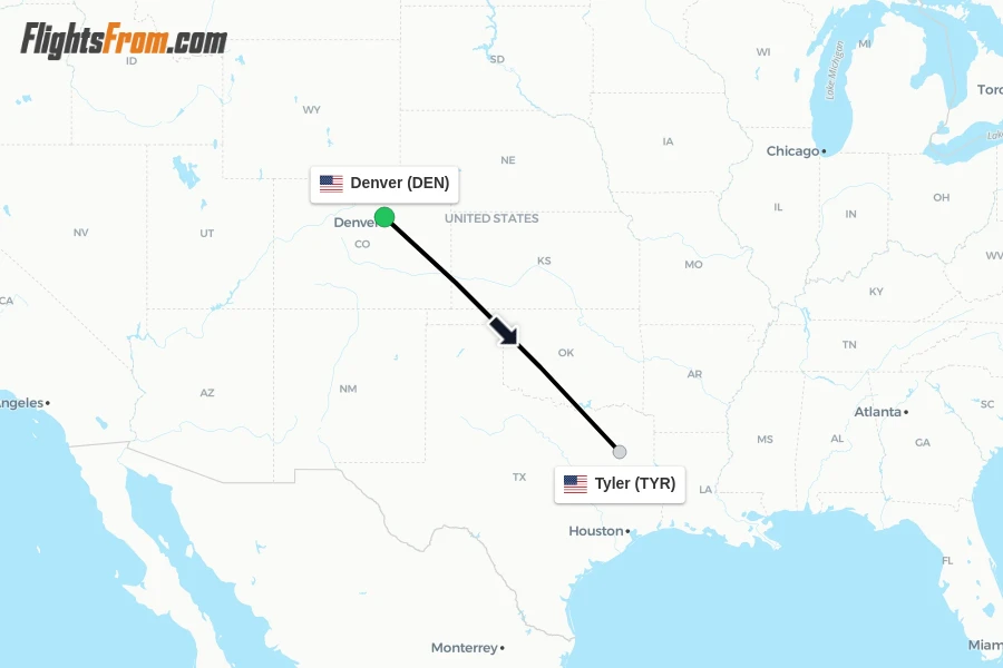 Flights from Denver to Tyler route map