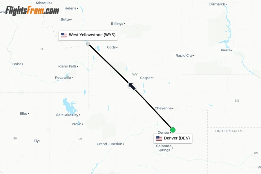 Flights from Denver to West Yellowstone route map