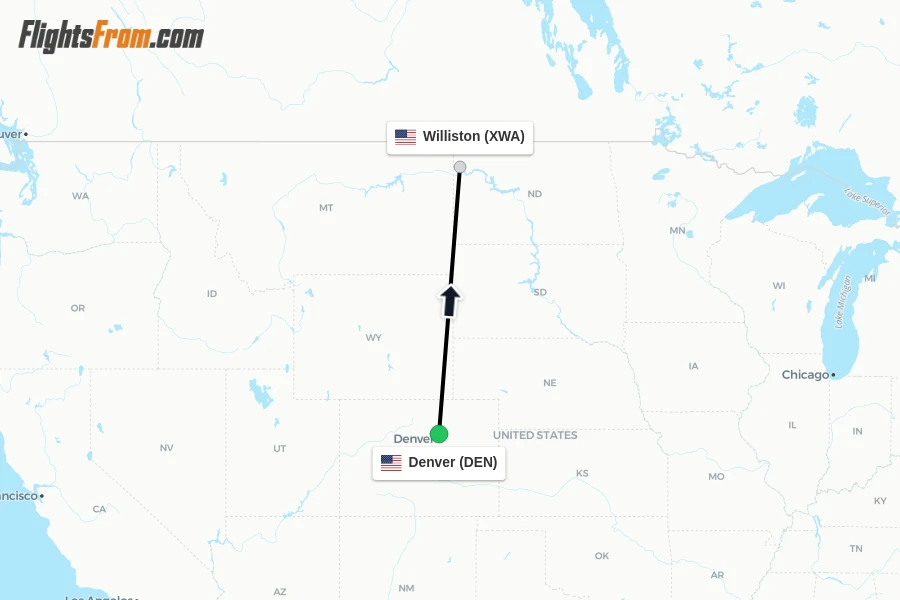 Flights from Denver to Williston route map