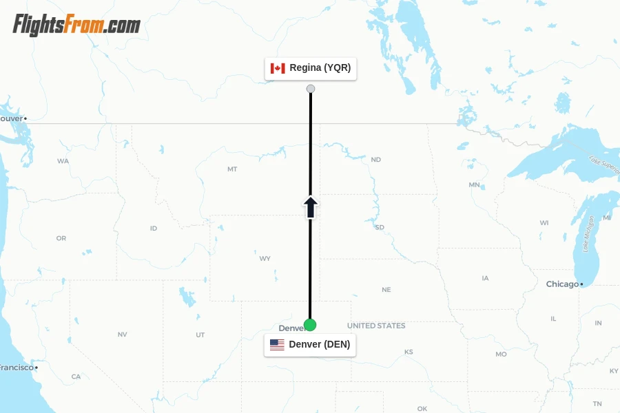 Flights from Denver to Regina route map