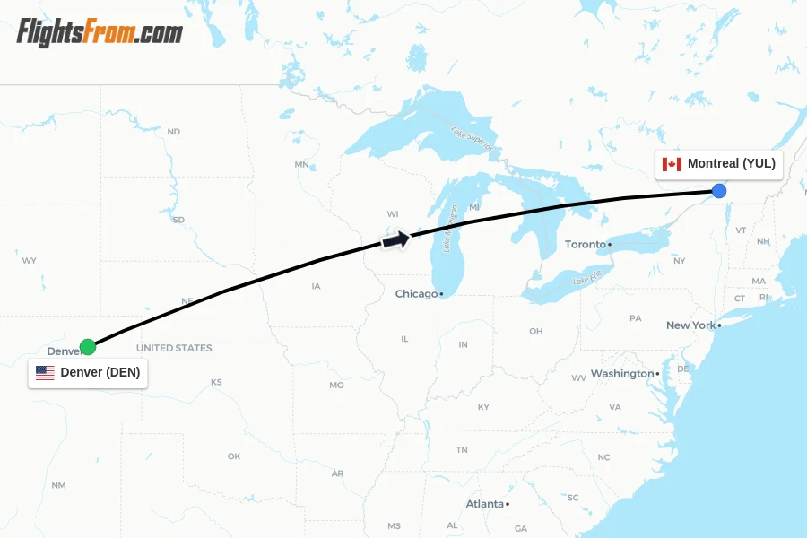 Flights from Denver to Montreal route map