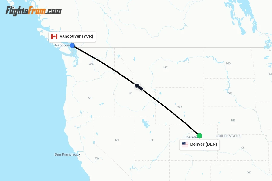 Flights from Denver to Vancouver route map