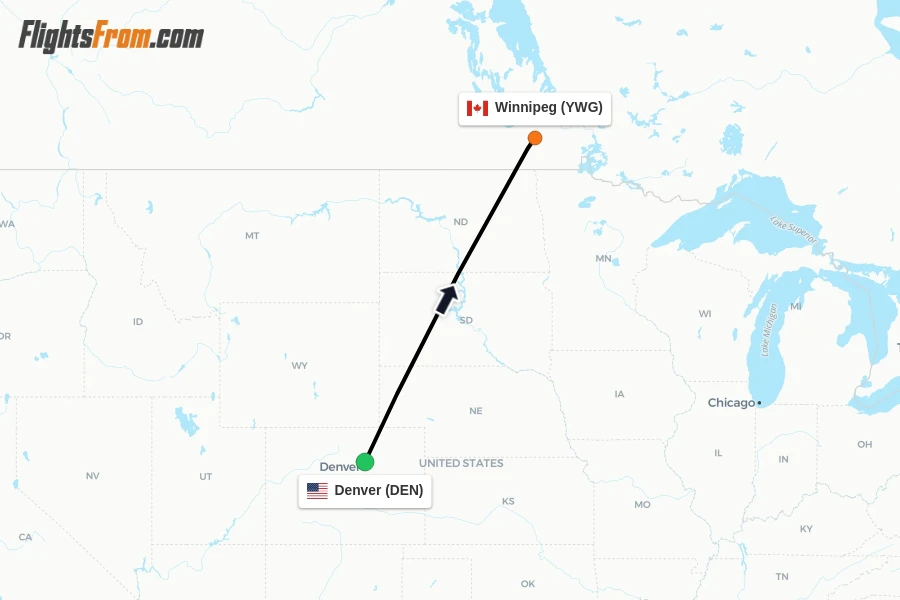 Flights from Denver to Winnipeg route map