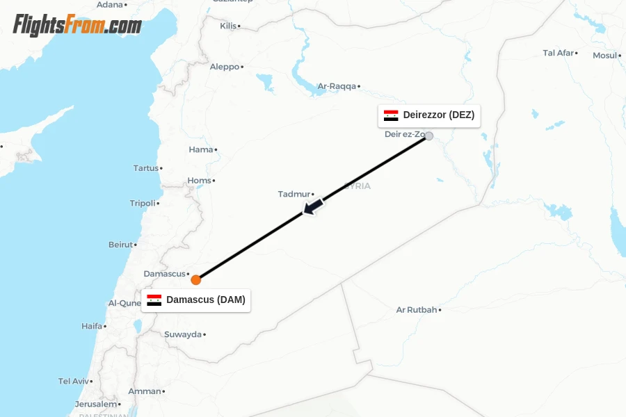 Flights from Deirezzor to Damascus route map