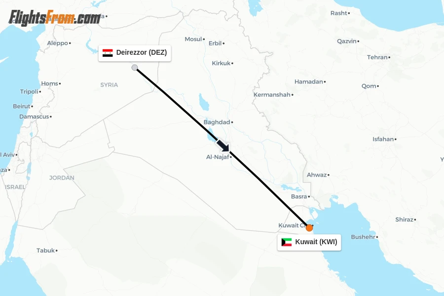 Flights from Deirezzor to Kuwait route map