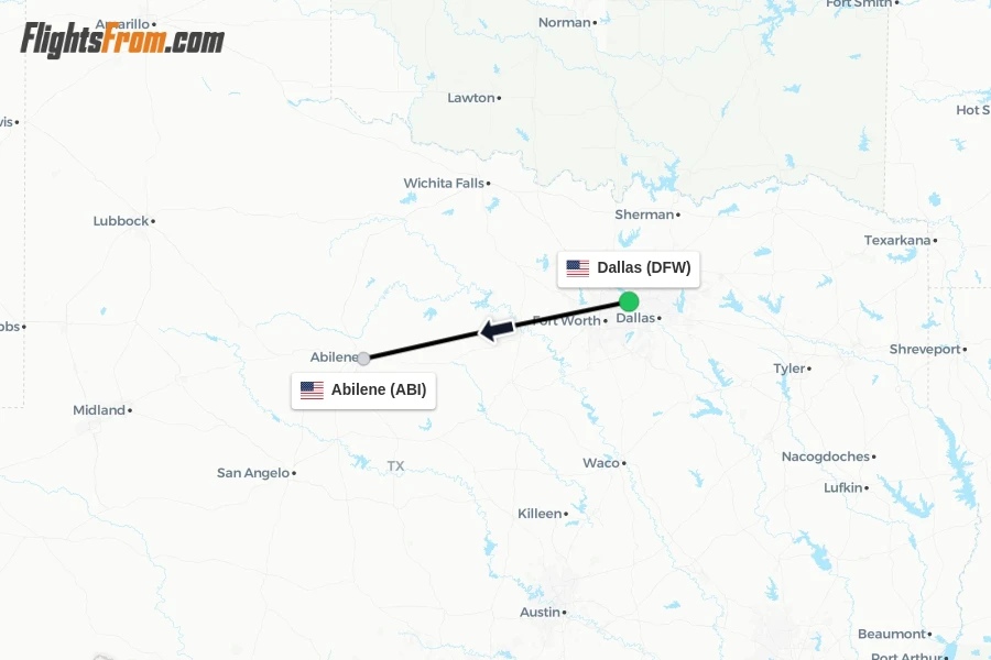 Flights from Dallas to Abilene route map
