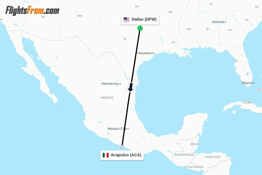 Flights from Dallas to Acapulco route map