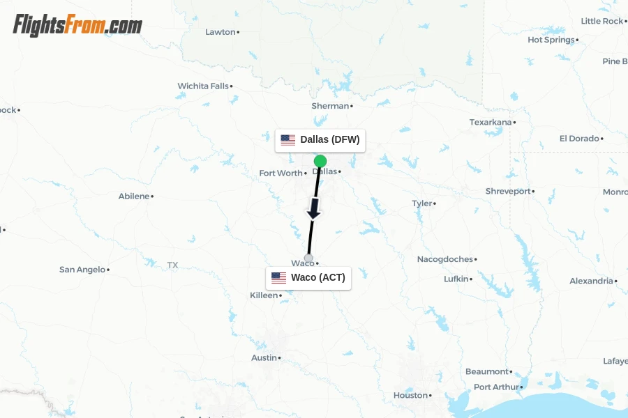 Flights from Dallas to Waco route map