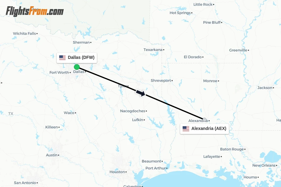 Flights from Dallas to Alexandria route map