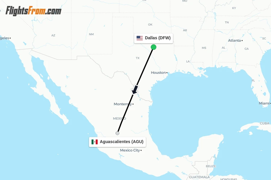 Flights from Dallas to Aguascalientes route map
