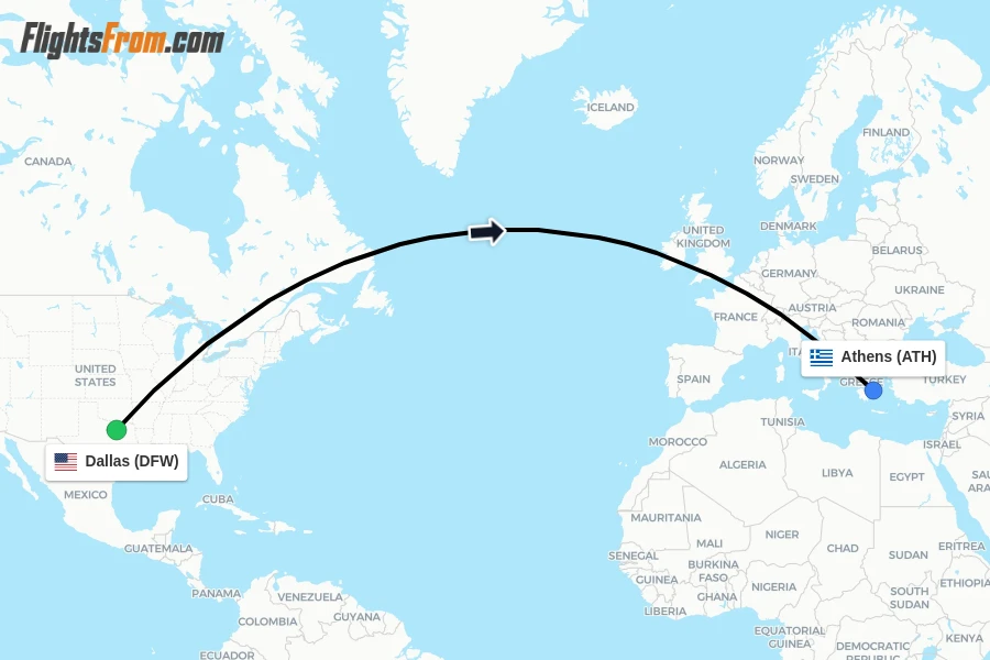 Flights from Dallas to Athens route map