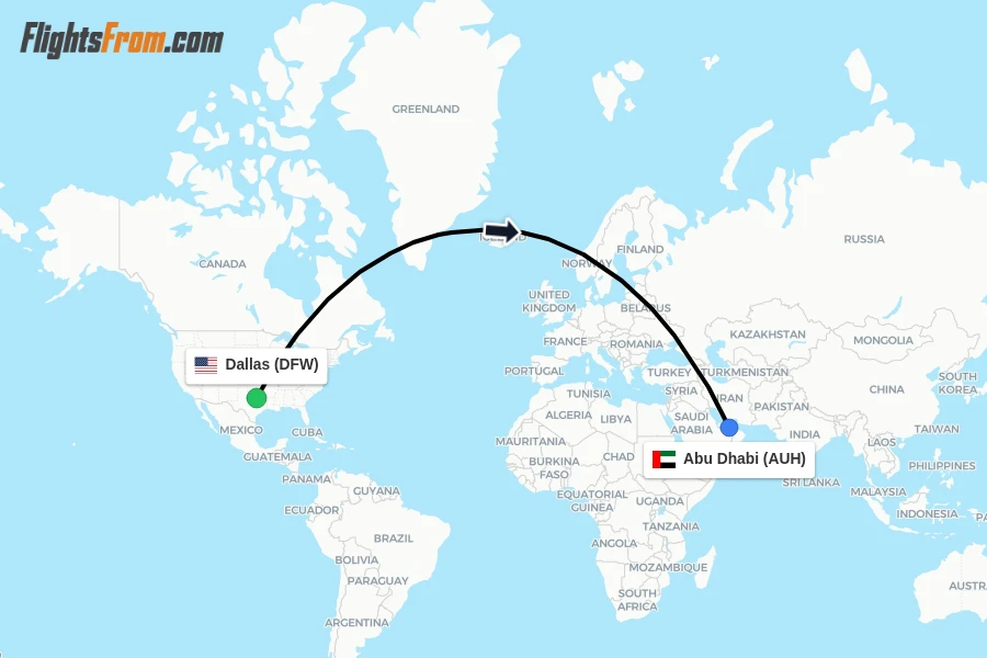 Flights from Dallas to Abu Dhabi route map