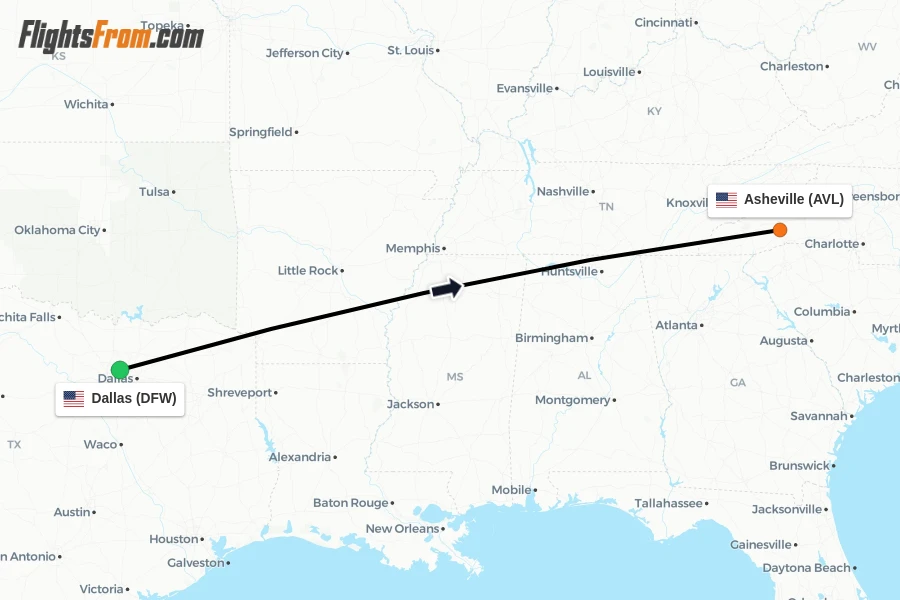 Flights from Dallas to Asheville route map