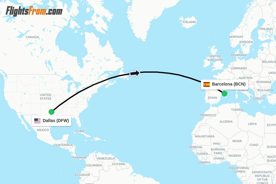 Flights from Dallas to Barcelona route map