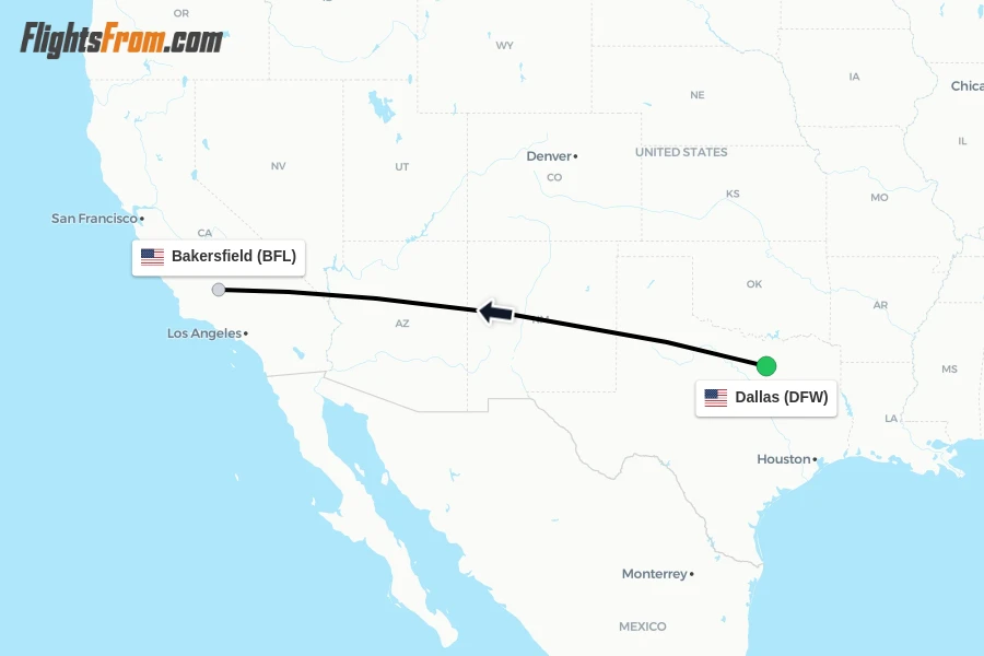 Flights from Dallas to Bakersfield route map