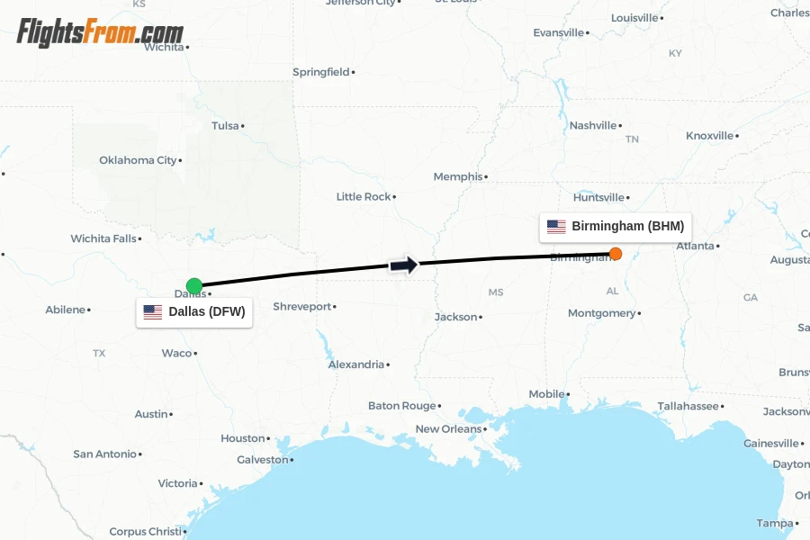 Flights from Dallas to Birmingham route map