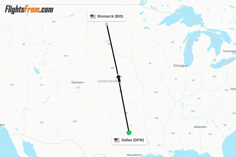 Flights from Dallas to Bismarck route map