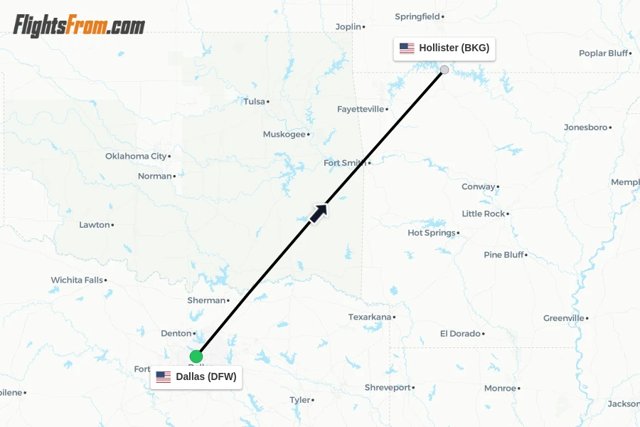 Flights from Dallas to Hollister route map