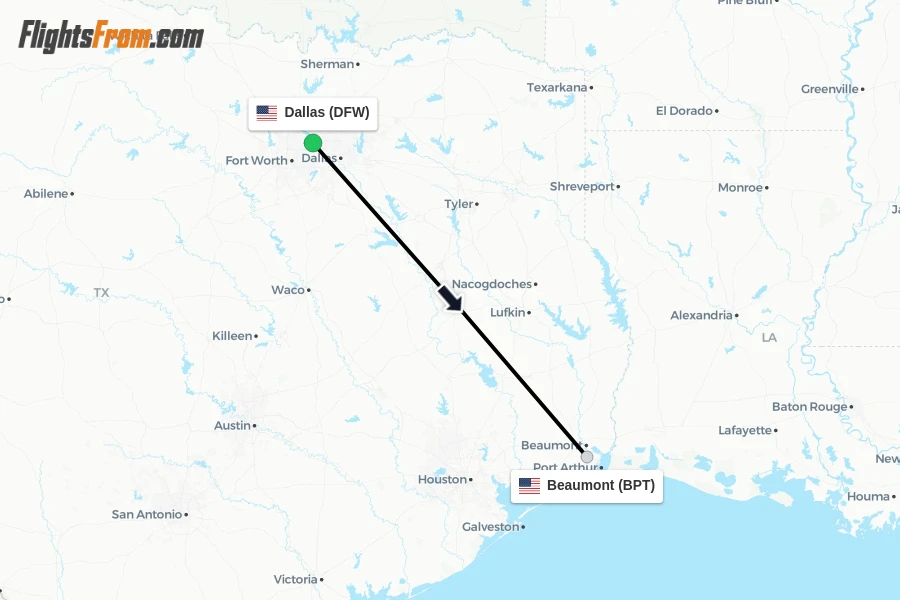 Flights from Dallas to Beaumont route map