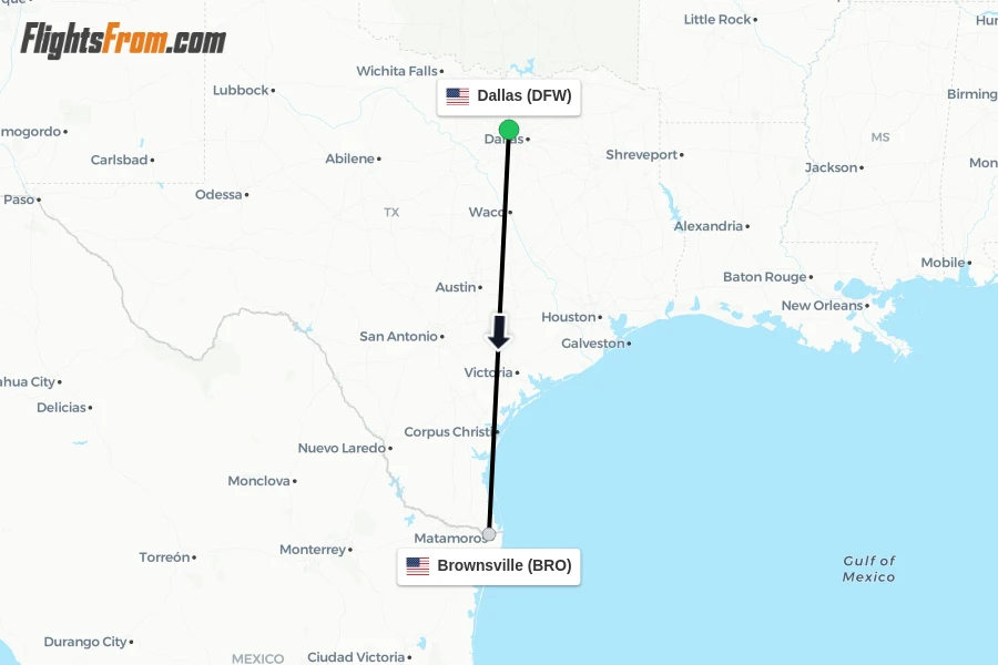 Flights from Dallas to Brownsville route map