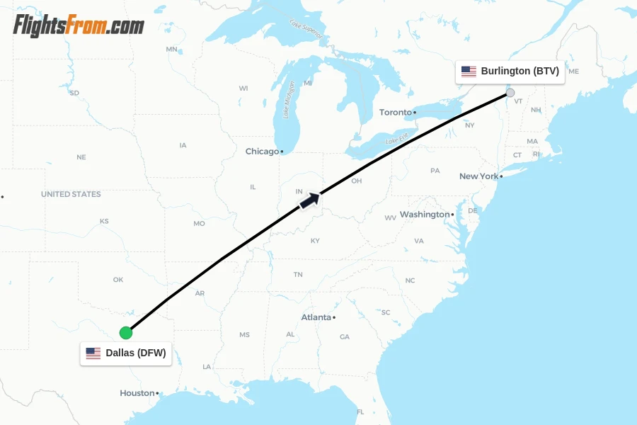 Flights from Dallas to Burlington route map