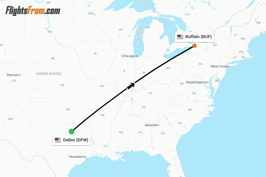 Flights from Dallas to Buffalo route map