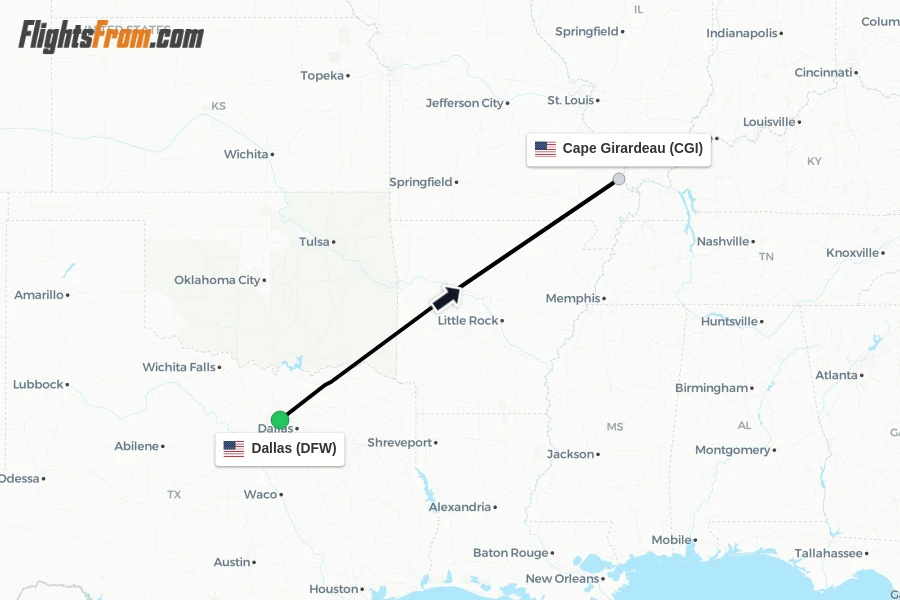 Flights from Dallas to Cape Girardeau route map