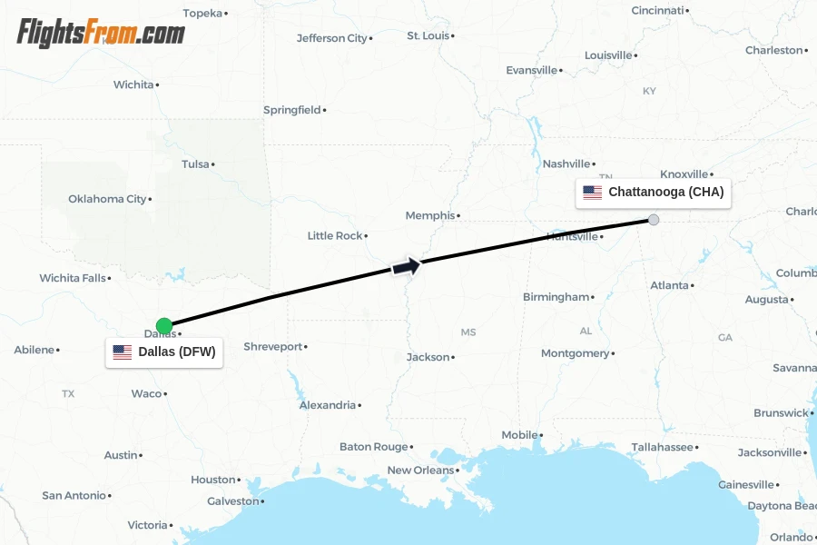 Flights from Dallas to Chattanooga route map
