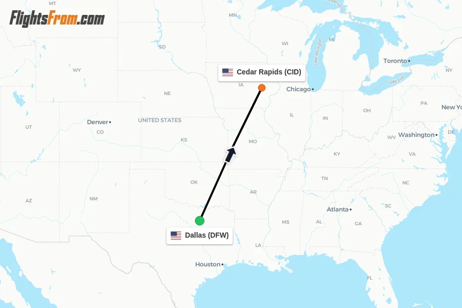 Flights from Dallas to Cedar Rapids route map