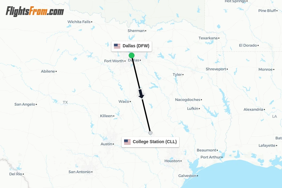 Flights from Dallas to College Station route map