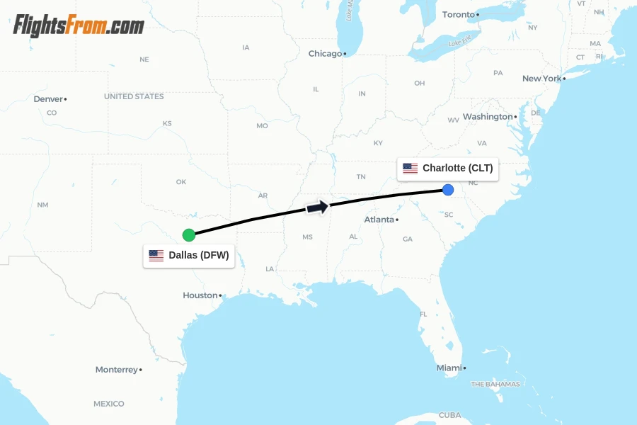 Flights from Dallas to Charlotte route map