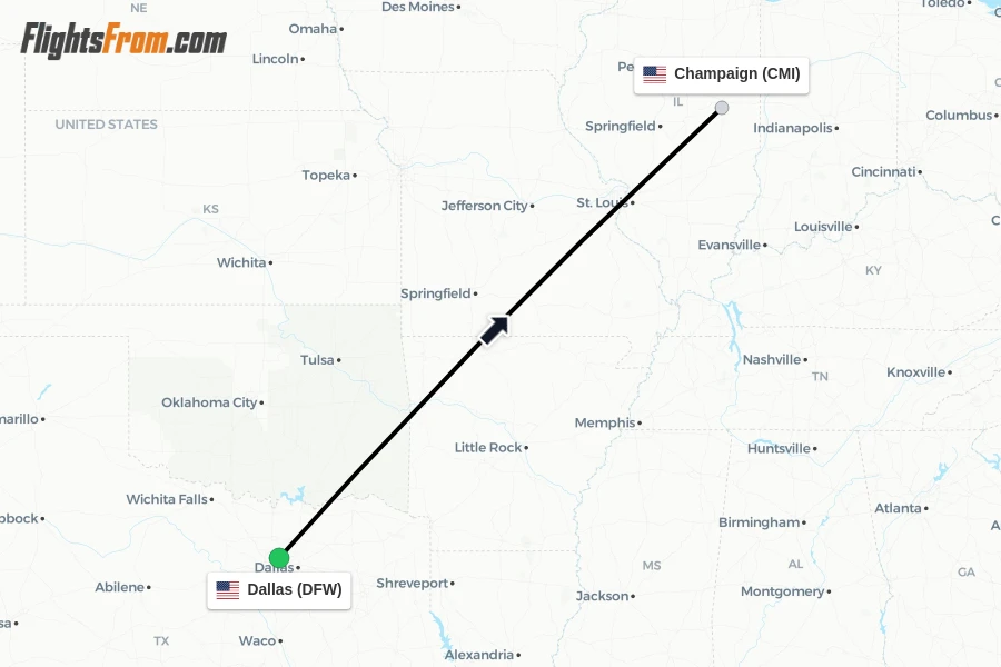Flights from Dallas to Champaign route map