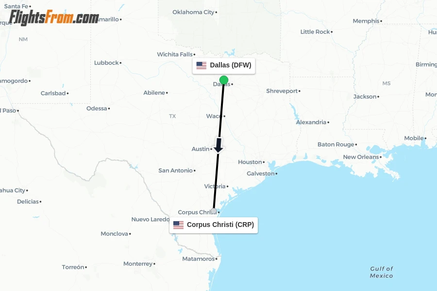 Flights from Dallas to Corpus Christi route map