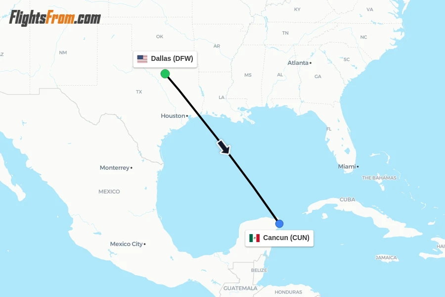 Flights from Dallas to Cancun route map