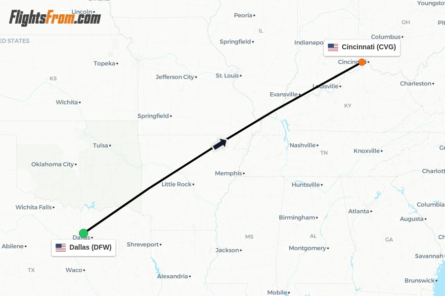 Flights from Dallas to Cincinnati route map