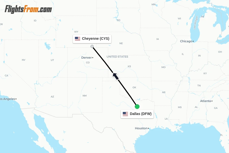 Flights from Dallas to Cheyenne route map