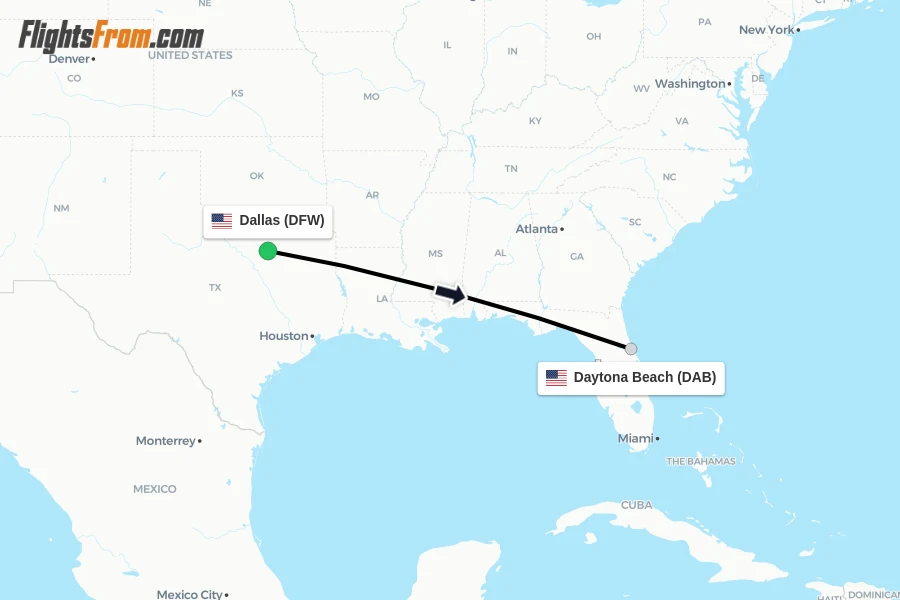 Flights from Dallas to Daytona Beach route map