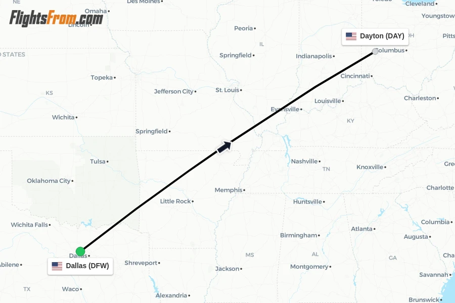 Flights from Dallas to Dayton route map