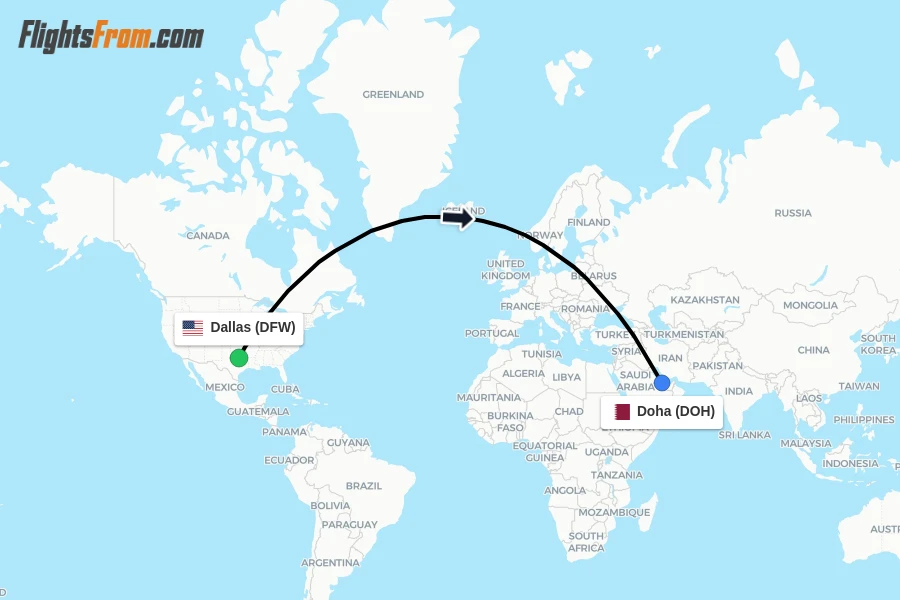 Flights from Dallas to Doha route map