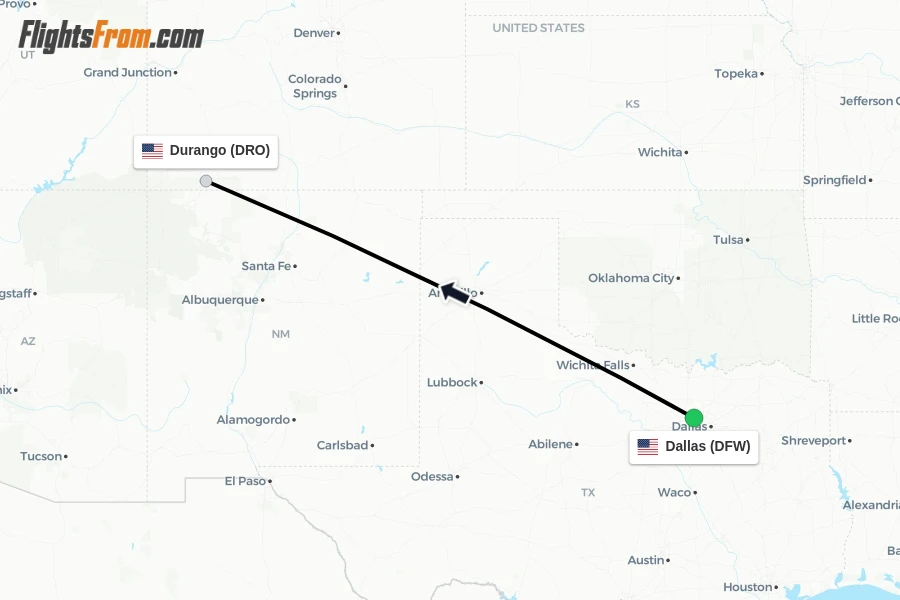 Flights from Dallas to Durango route map