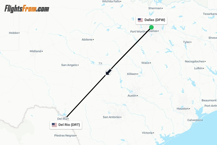 Flights from Dallas to Del Rio route map