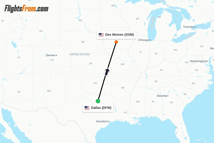 Flights from Dallas to Des Moines route map